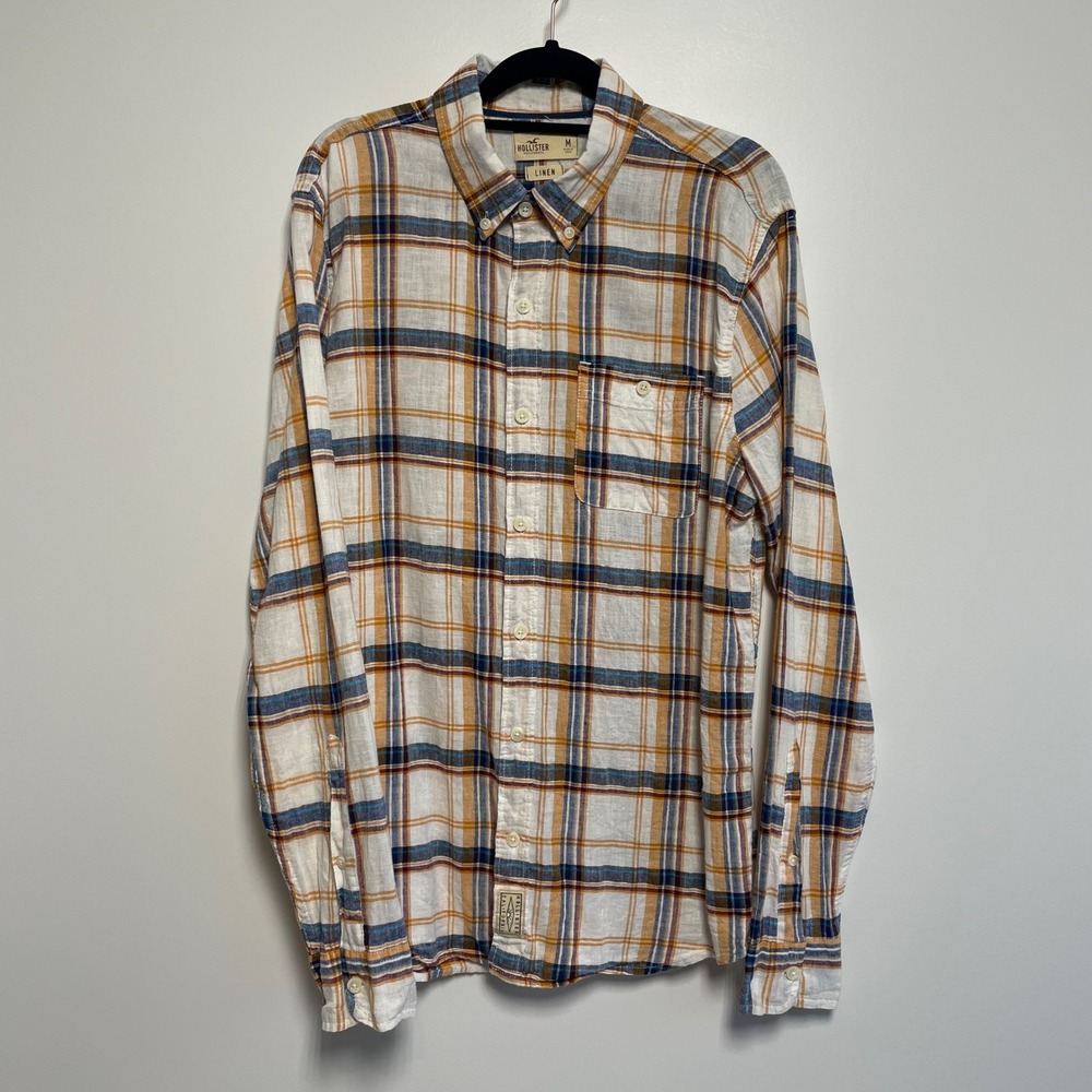 Hollister California Mens Linen Blend Plaid‎ Button Down Shirt Medium